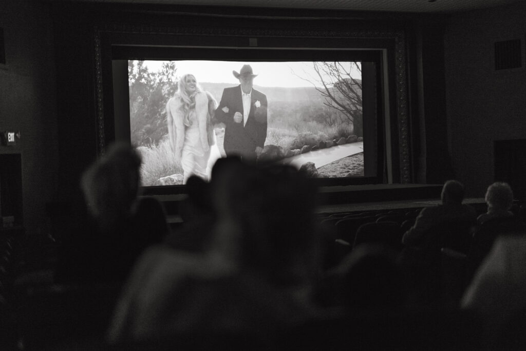 Private screening at the historic Luna Theater marquee in Clayton, New Mexico.