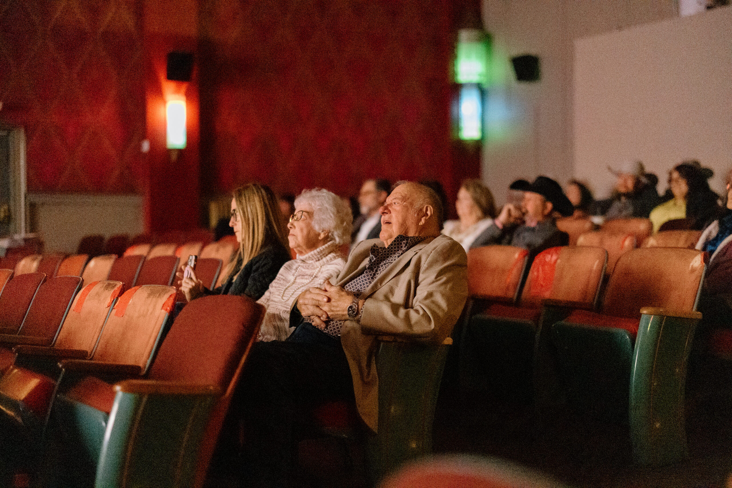 Private screening at the historic Luna Theater marquee in Clayton, New Mexico.