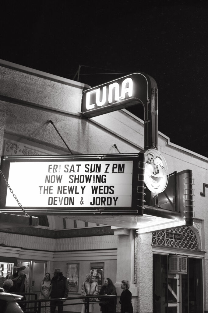 Private screening at the historic Luna Theater marquee in Clayton, New Mexico.