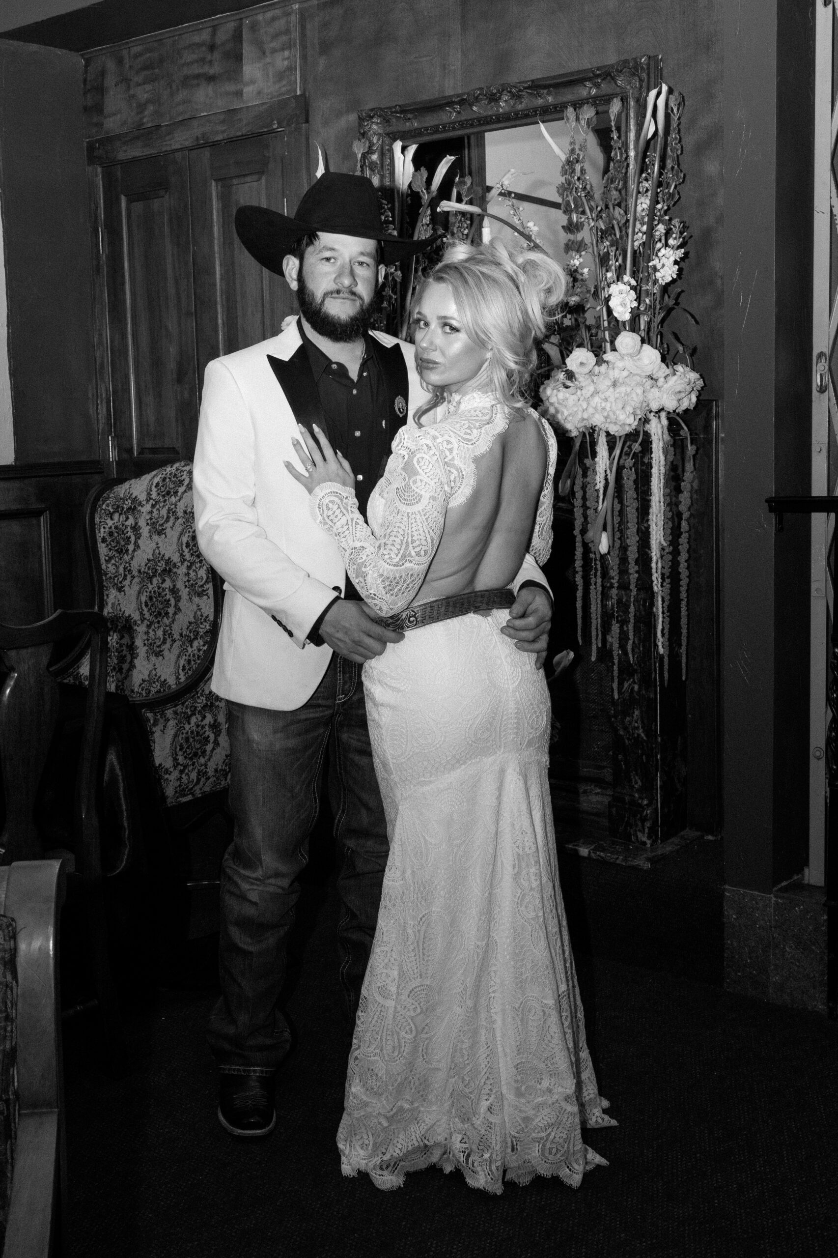 Western Bride and Groom at the Hotel Ecklund saloon.