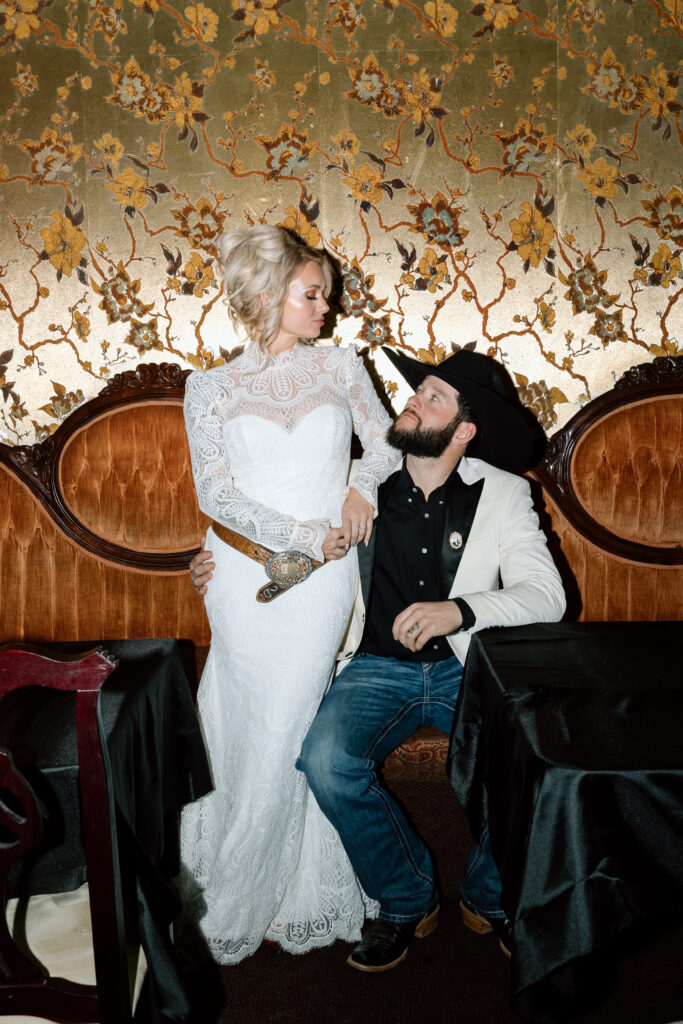 Western Bride and Groom at the Hotel Ecklund saloon.