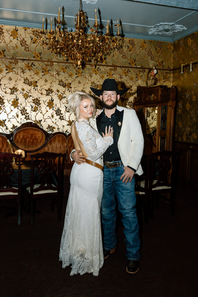 Western Bride and Groom at the Hotel Ecklund saloon.