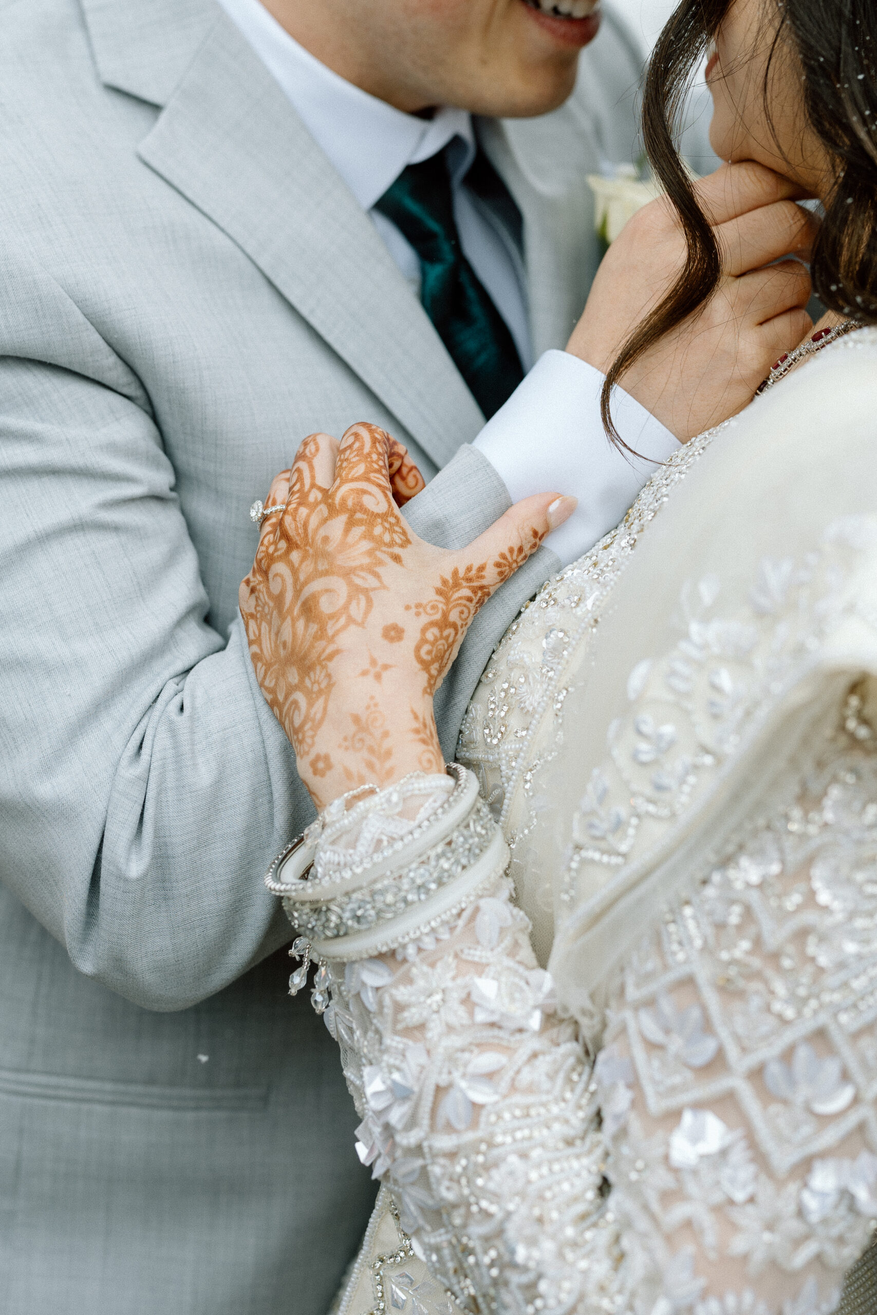 Tight detail shot of a bride and groom in the Denver snow.