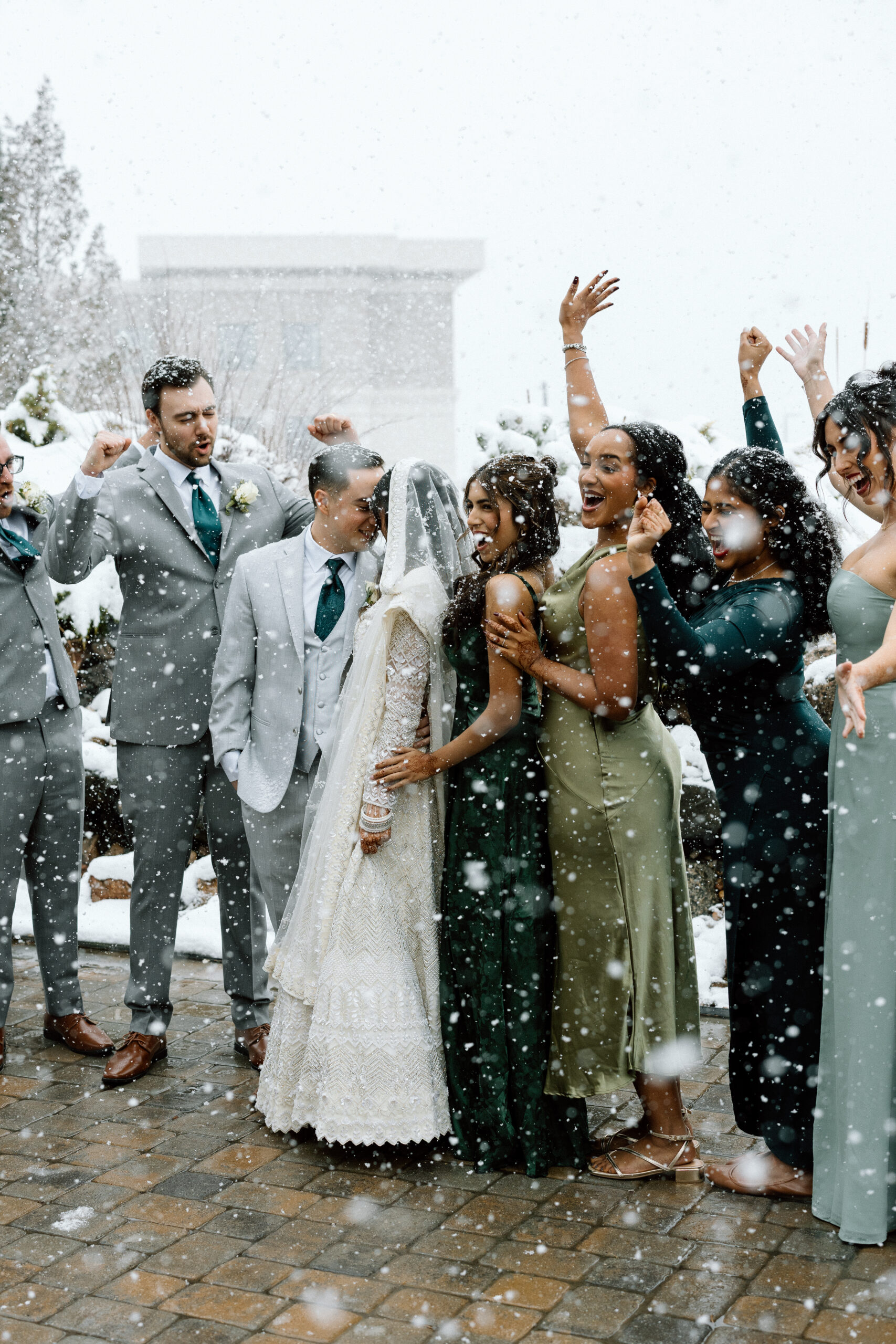 Creative wedding party photography ideas for snowy Denver weddings.