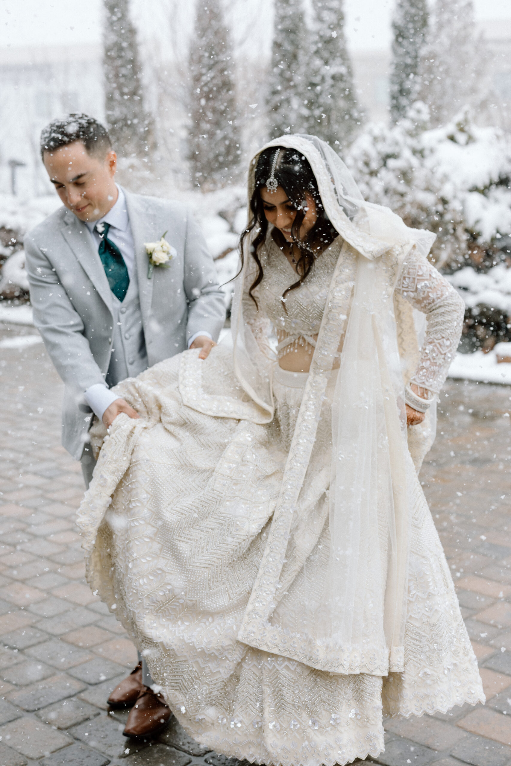 Bride and Groom snowy Denver Wedding candids