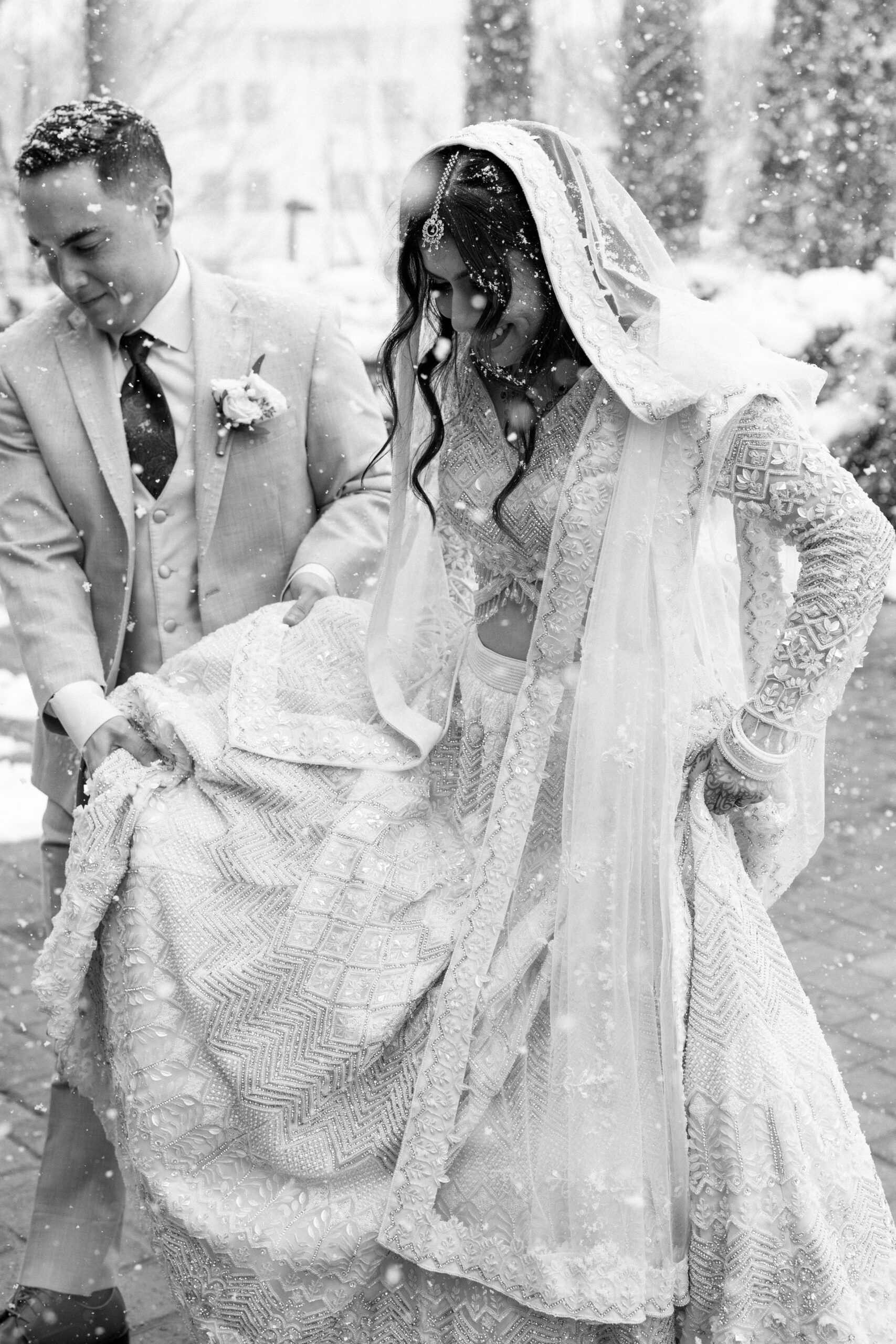 Bride and Groom candid portraits in snowy Denver