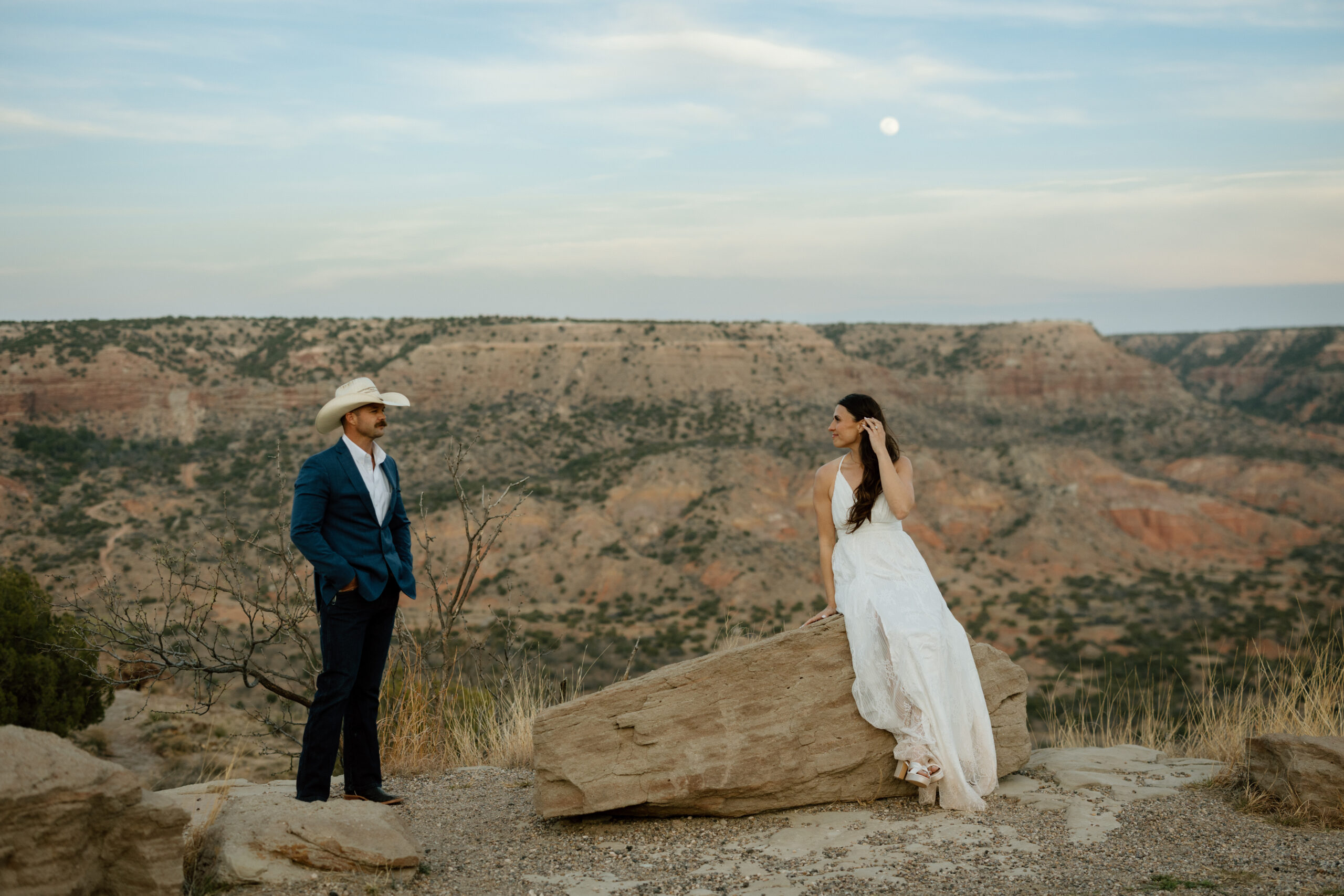 Palo Duro Canyon wedding photographer capturing western-inspired couple at sunset