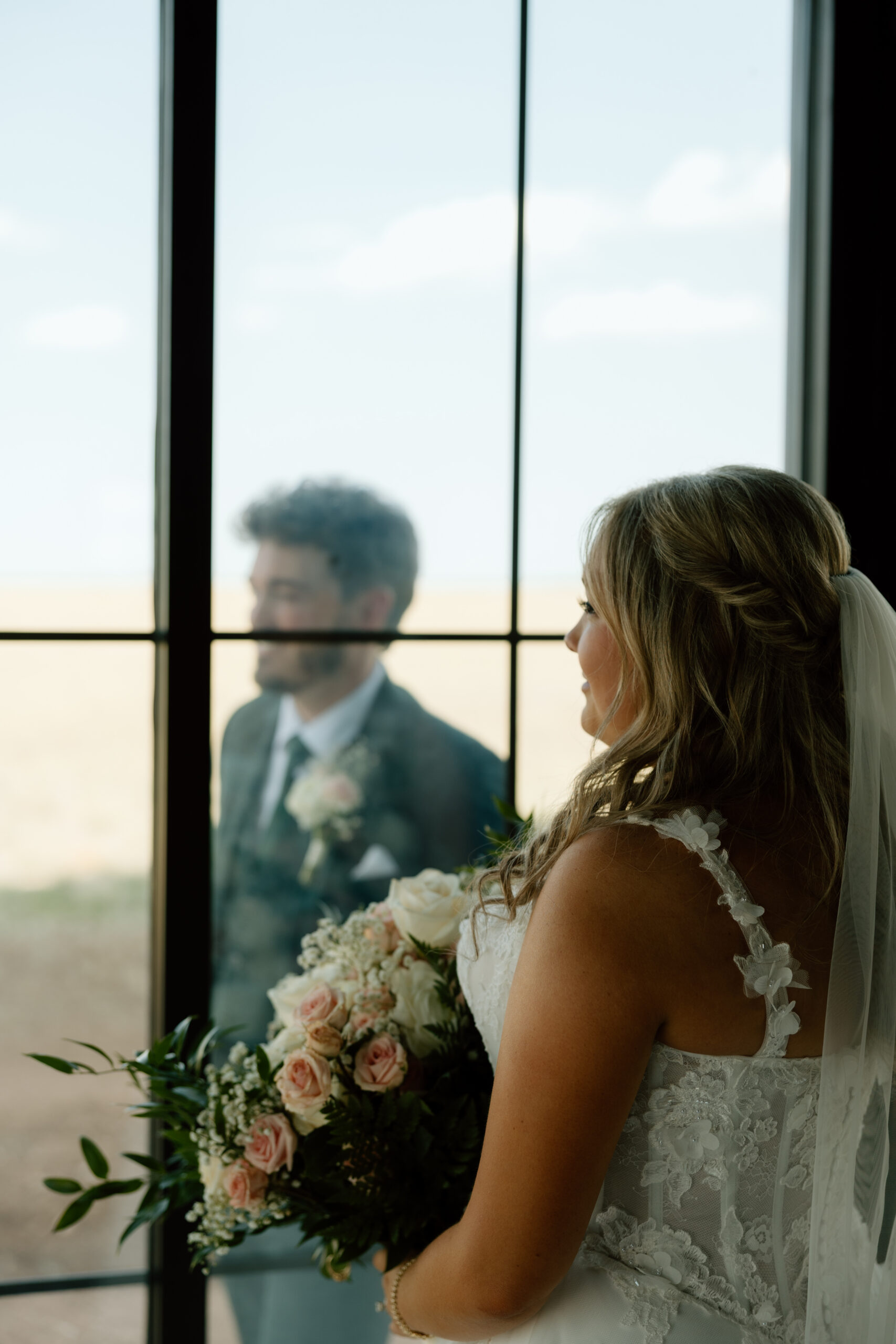 Bride and groom inside Chateau wedding venue in Canyon Texas