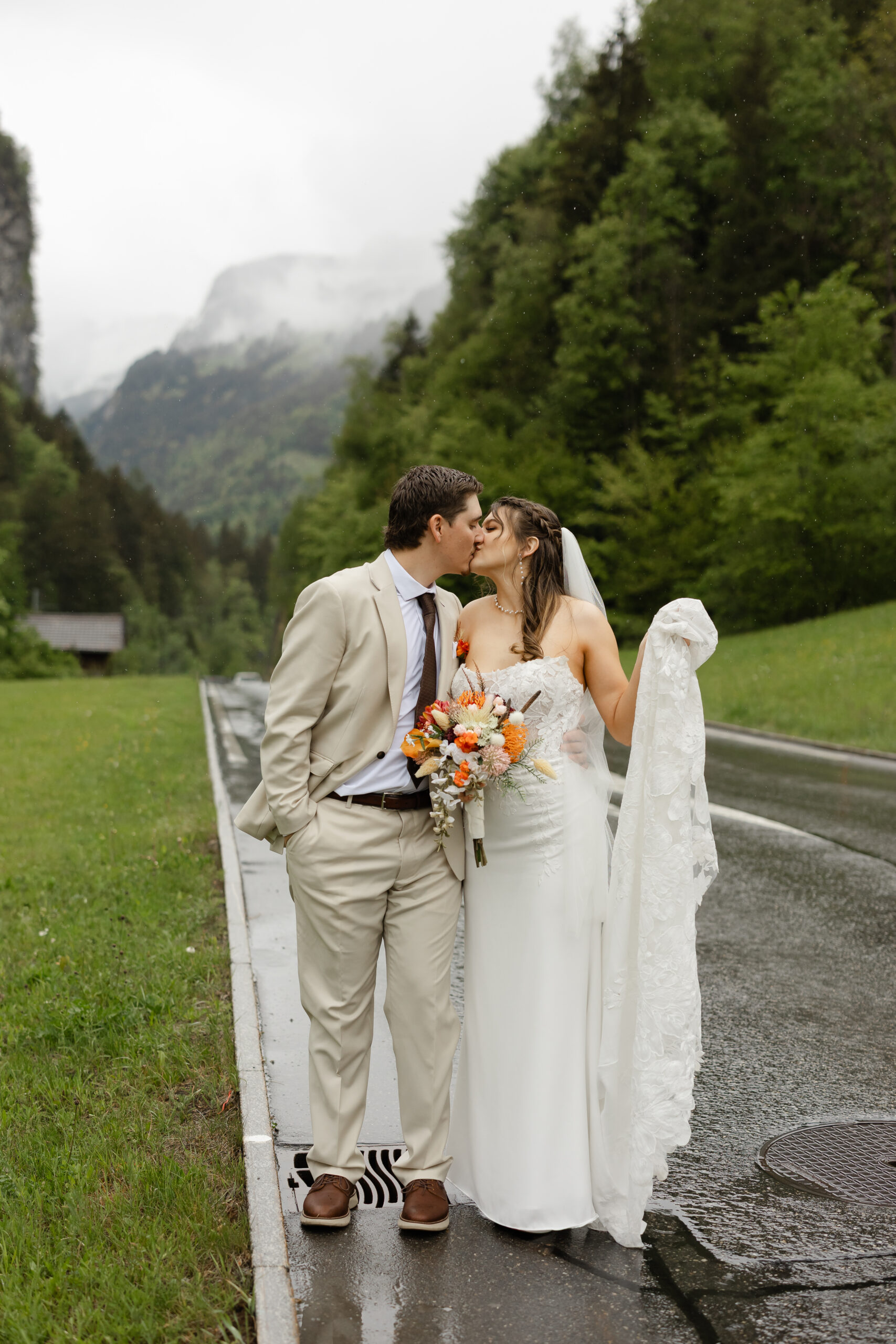 Bride and groom exploring Grindelwald during their destination elopement