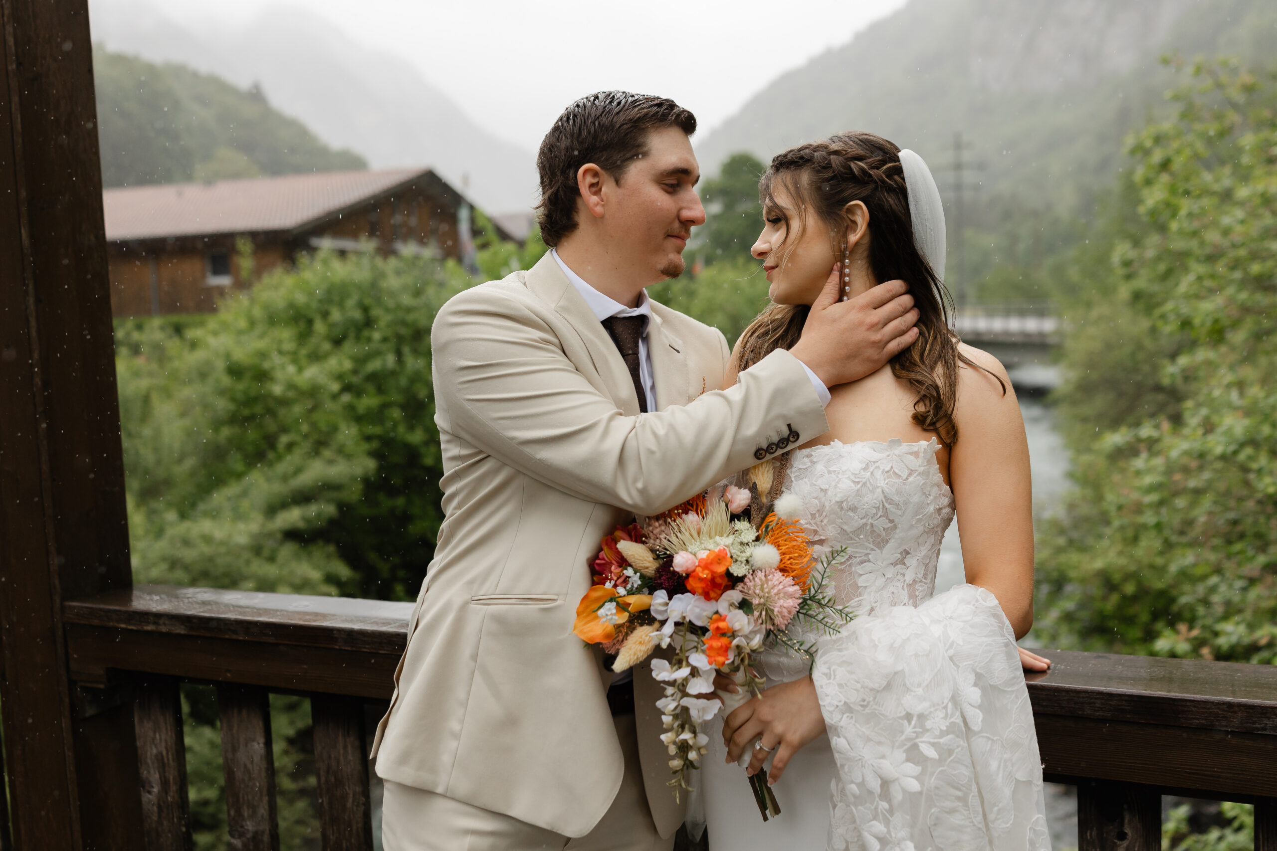 Bride and groom exploring Grindelwald during their destination elopement