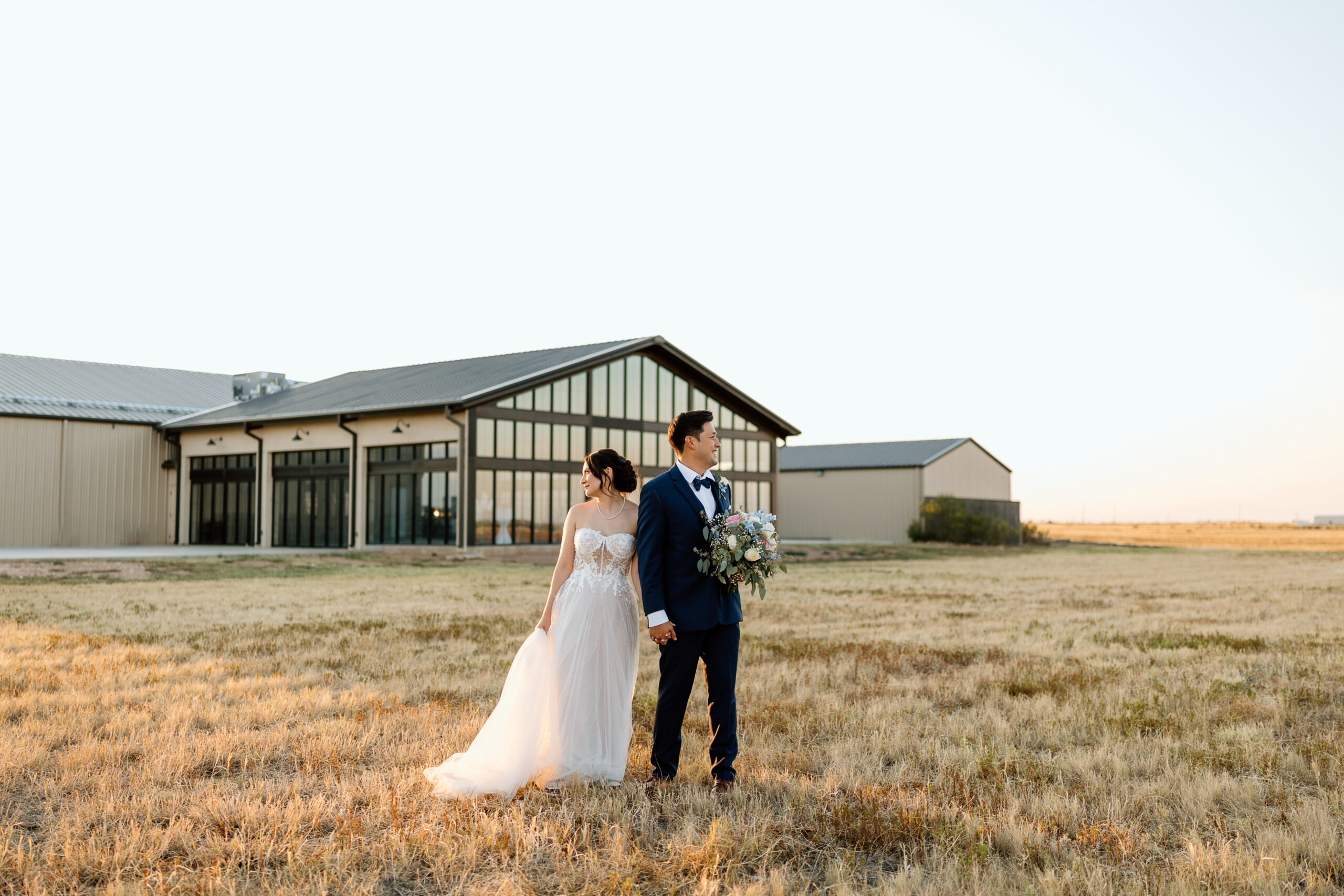 Bride and Groom Sunset Portraits at Chateau Wedding Venue in Canyon Tx