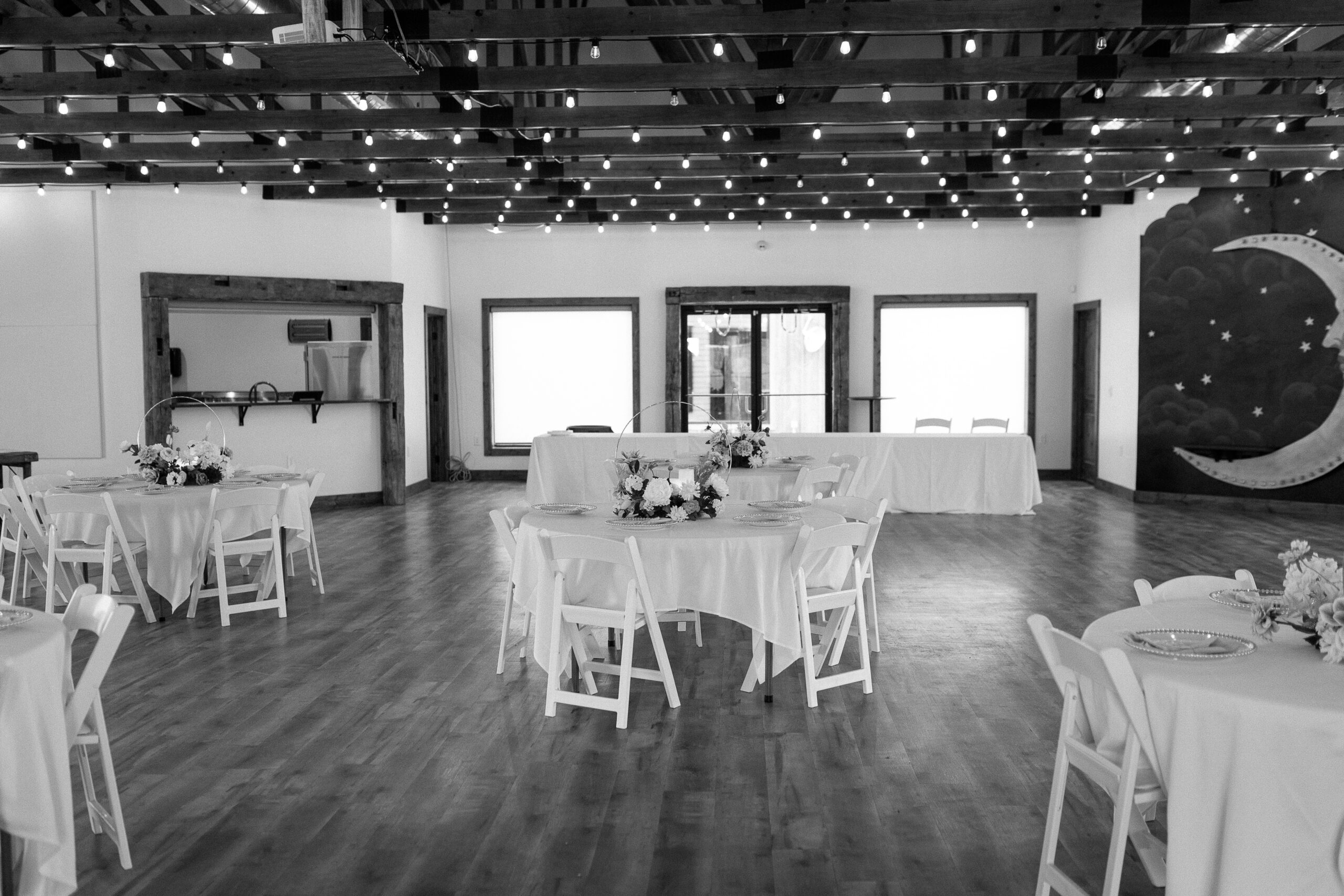 Wedding reception space and dance floor at Sad Monkey Hall in Canyon TX